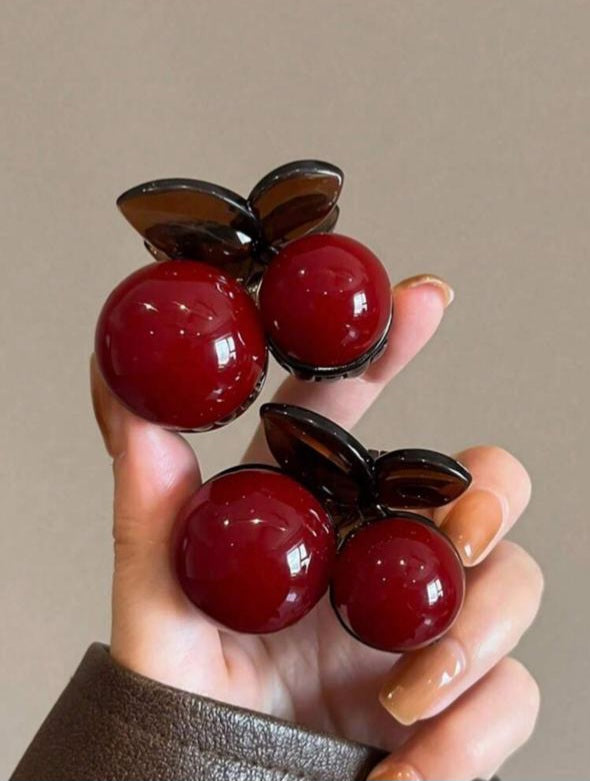 2pcs Red Cherry Hair Clips Set | High Ponytail & Side Bangs Styling Clips