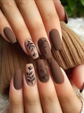 10pcs Short Square Shaped flower style Nails - Brown