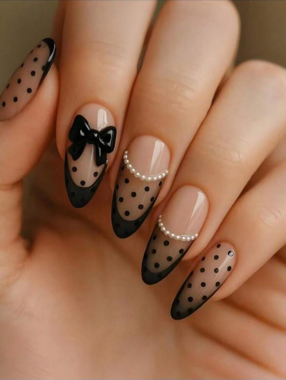 Premium Medium Almond Nails – Elegant Black French Polka Dot with Pearl Accents (10pcs)