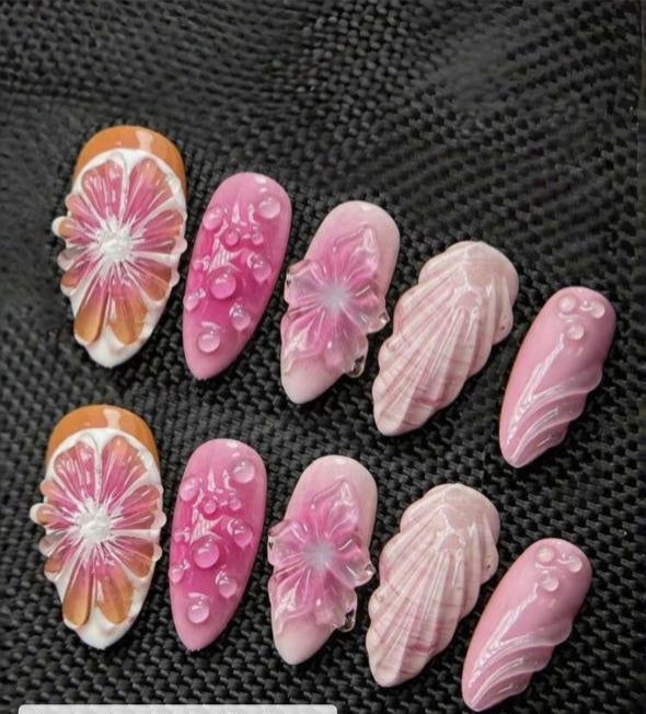 Aesthetic 3D Embossed Pink Flower & Shell Texture Almond Press-On Nails (10pcs)