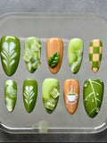 Fun 3D Acrylic Almond Press-On Nails – Matcha Latte Swirl & Ice Cube Design (10pcs)