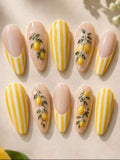 High-End Sheer Nude Reusable Press-On Nails – Hand-Painted Lemon & Striped Design (10Pcs)