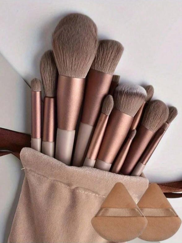 15pcs Makeup Brush Set, Includes 2pcs Brown Triangle Powder Puffs