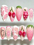 Japanese Style Almond Press-On Nails – 3D Fruit & Realistic Water Drop Accents (10pcs)
