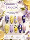 Premium Glossy Almond Press-On Nails – Hand-Painted Lavender & Lemon Daisy Design (10pcs)