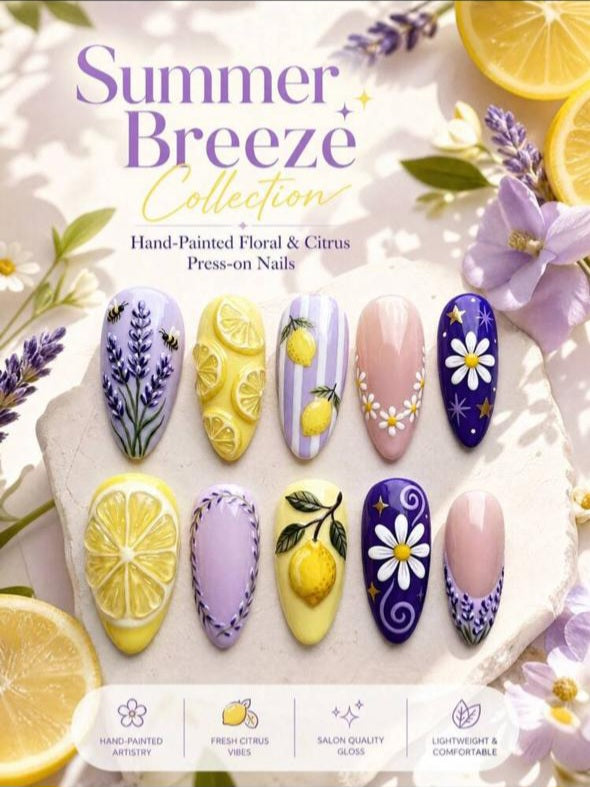 Premium Glossy Almond Press-On Nails – Hand-Painted Lavender & Lemon Daisy Design (10pcs)