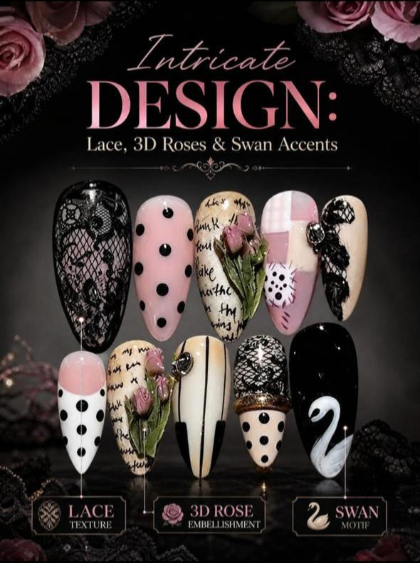 Luxury Pointed Press-On Nails – Autumn Lace Texture & 3D Rose Swan Design (10pcs)
