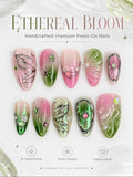 10pcs 3D Fairycore Press-On Nails – Pink & Green Gradient Almond Nails with Liquid Butterfly & Pearls