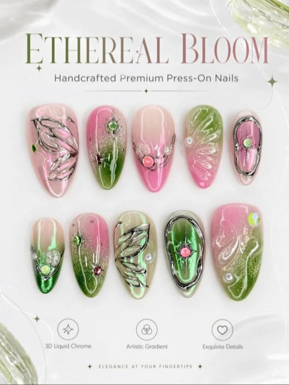 10pcs 3D Fairycore Press-On Nails – Pink & Green Gradient Almond Nails with Liquid Butterfly & Pearls