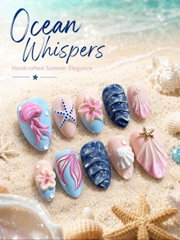 10pcs 3D Mermaid Core Press-On Nails – Blue & Pink Gradient Beach Vibe Almond Nails