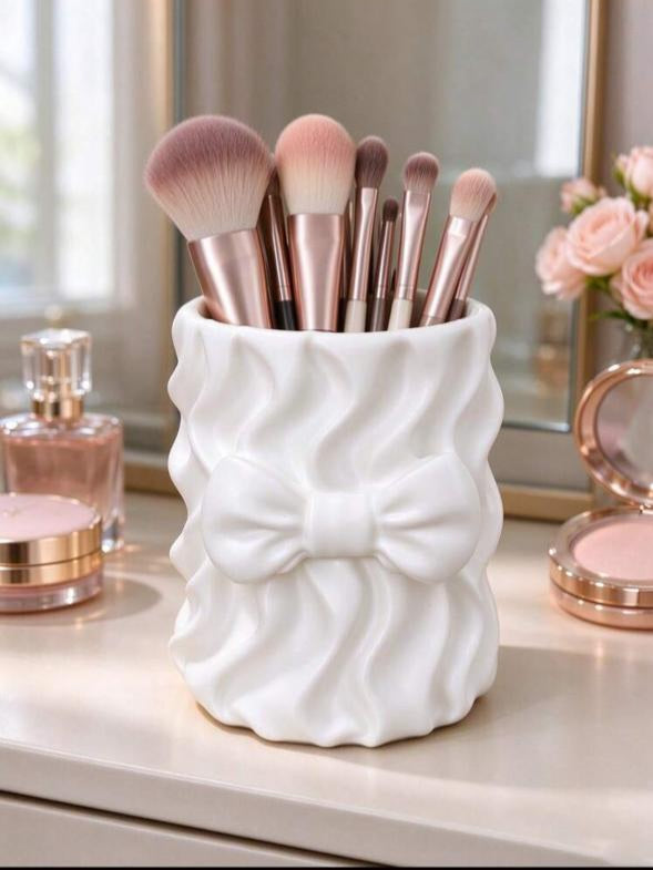 Cute Bow Satin Makeup Brush Holder(White)