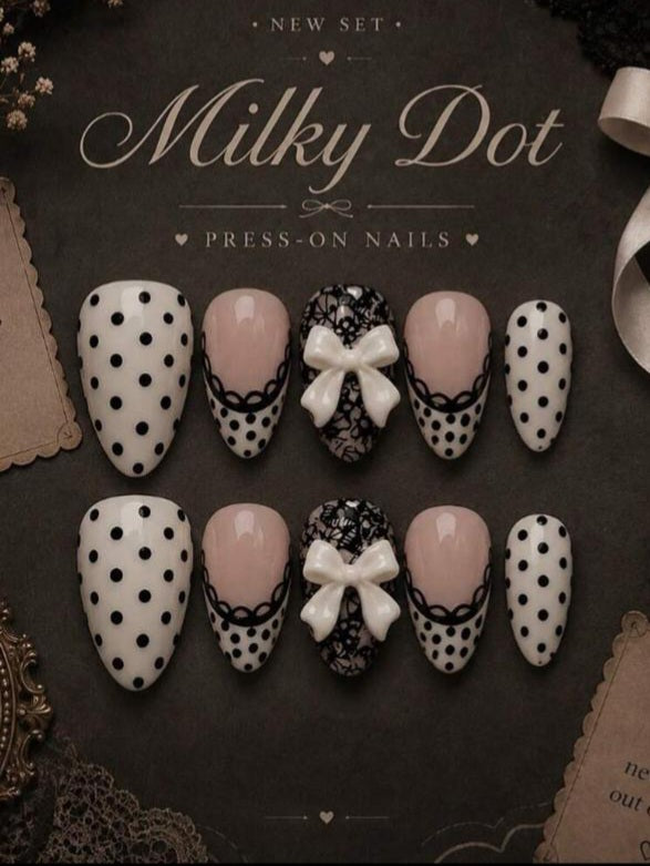 Vintage French Style Almond Press-On Nails – Classic Polka Dot & Lace Bow Design (10pcs)